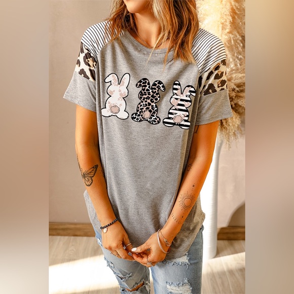 Easter Rabbit Graphic Striped Leopard Raglan Sleeve Tee - Picture 3 of 3